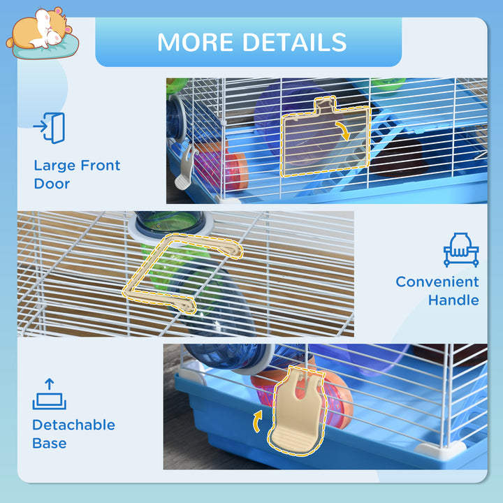 Pawhut 2 Tier Hamster Cage Carrier Habitat Small Animal House with Exercise Wheels Tunnel Tube Water Bottle Dishes House Ladder for Dwarf Mice, Blue