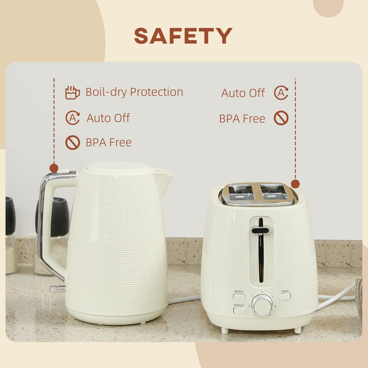 Kettle and Toaster Set, 1.7L 3000W Fast Boil Kettle & 2 Slice Toaster Kitchen Set, Defrost, Reheat, Boil-dry Protection, Cream White