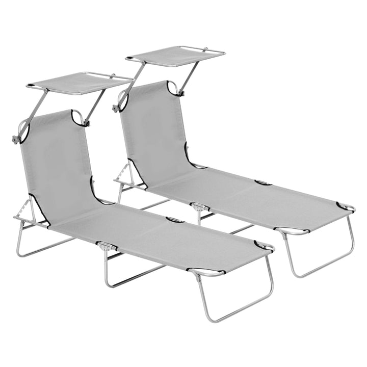 2 Pieces Outdoor Foldable Sun Lounger Set with Removeable Shade Canopy, Patio Recliner Sun Lounger with Adjustable Backrest with Mesh Fabric, Light Grey