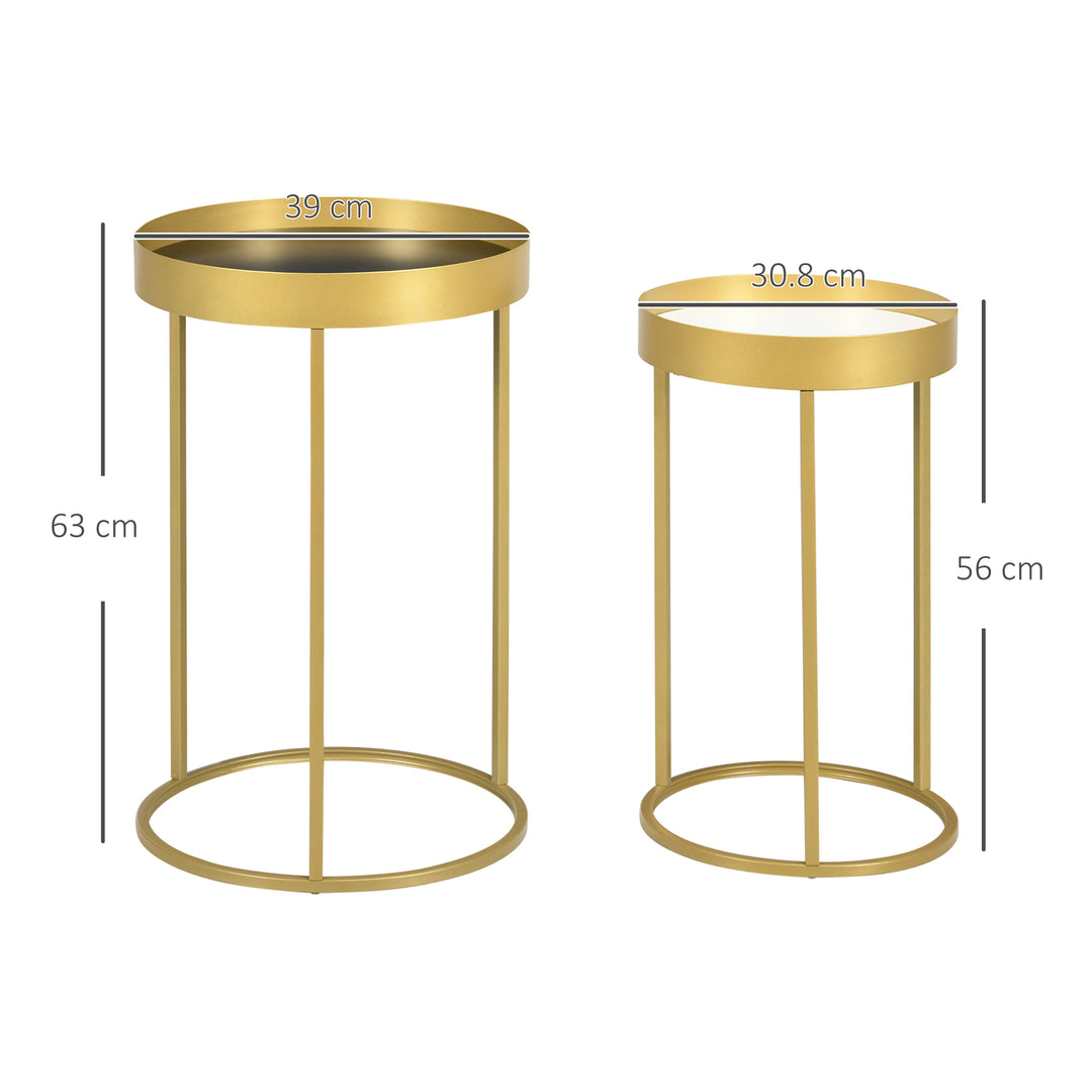 Set of 2 Nesting Coffee Tables with Gold Metal Base, Nest of Tables with Embedded Tabletop in Marble Color, Living Room, Bedroom