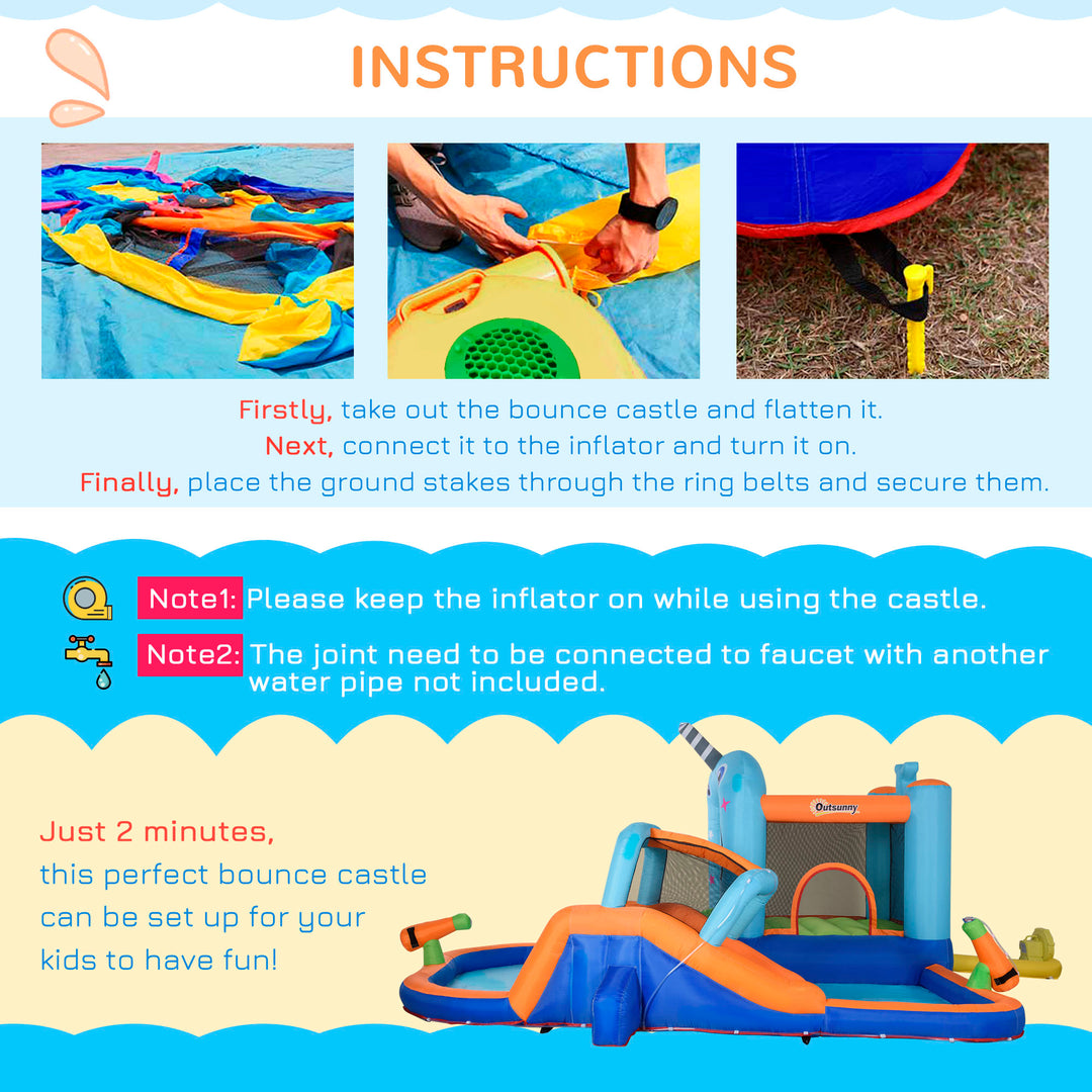 Outsunny 5 in 1 Kids Bounce Castle Narwhals Style Inflatable House with Slide Trampoline Pool Water Gun Climbing Wall with Inflator Carrybag