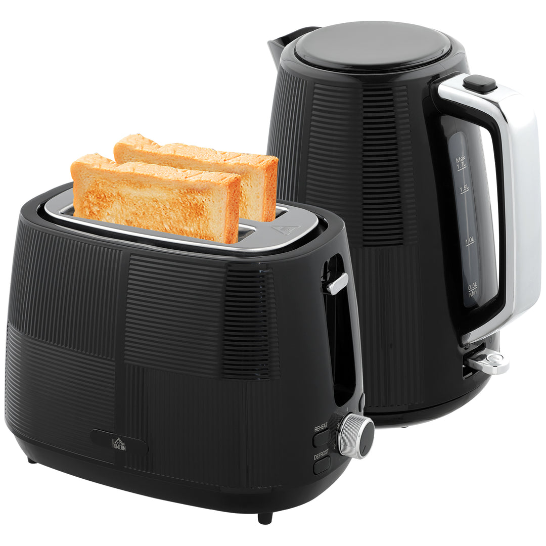 Kettle and Toaster Set, 1.7L 3000W Fast Boil Kettle & 2 Slice Toaster Kitchen Set, Defrost, Reheat, Boil-dry Protection, Black