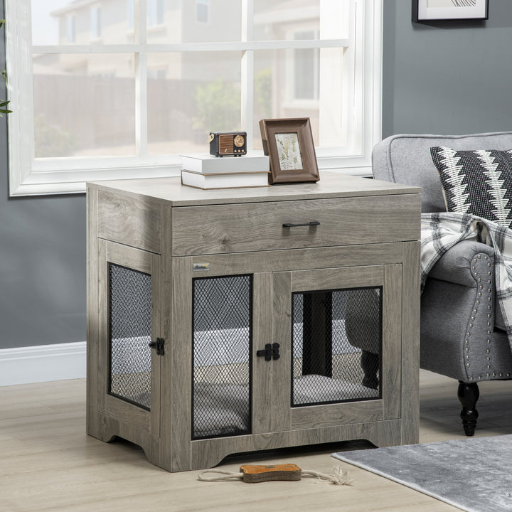 PawHut Indoor Use Dog Crate Furniture with Cushion, Double Doors Pet Kennel End Table with Drawer for Medium Dogs, Grey