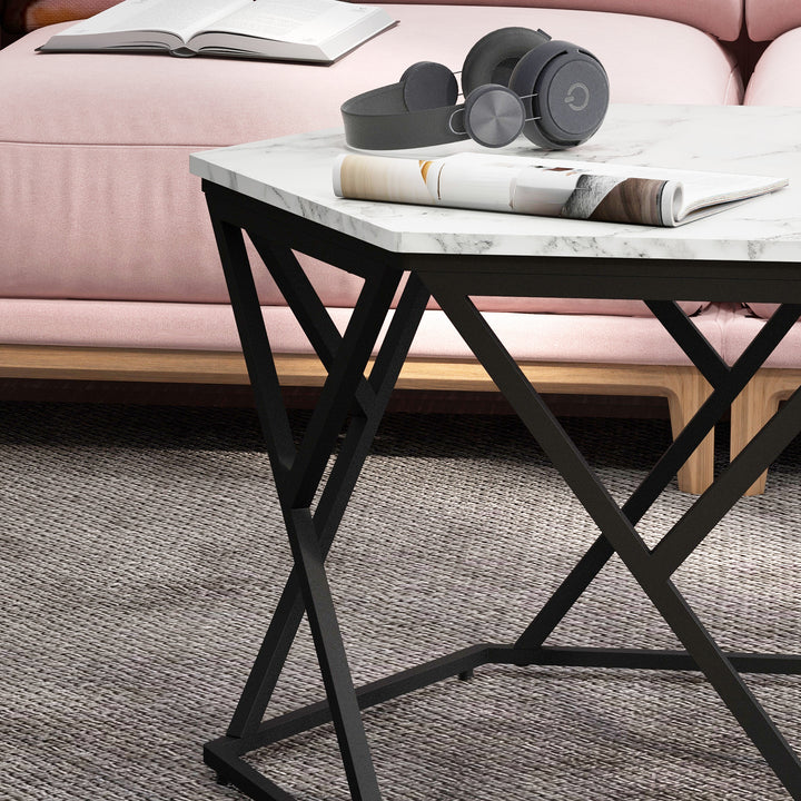 Coffee Table with High Gloss Marble Tabletop, Modern Cocktail Table with Steel Frame for Living Room, White