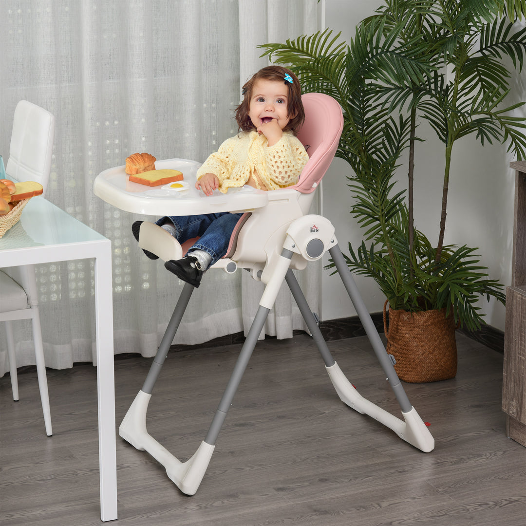 Foldable Baby High Chair Convertible to Toddler Chair Height Adjustable with Removable Tray 5-Point Harness Mobile with Wheels Pink