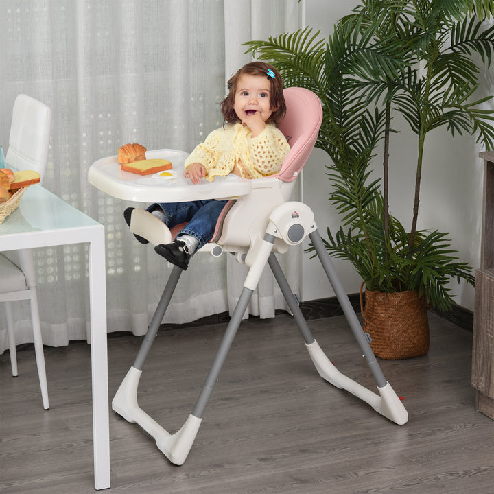 Foldable Baby High Chair Convertible to Toddler Chair Height Adjustable with Removable Tray 5-Point Harness Mobile with Wheels Pink