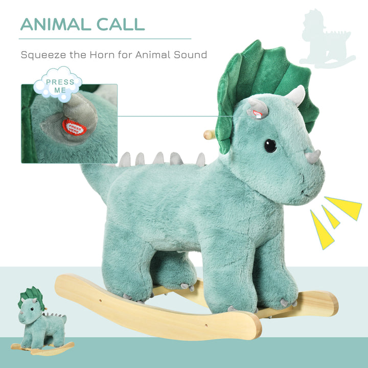 Kids Plush Ride-On Rocking Horse Triceratops-shaped Plush Toy Rocker with Realistic Sounds for Child 36-72 Months Dark Green