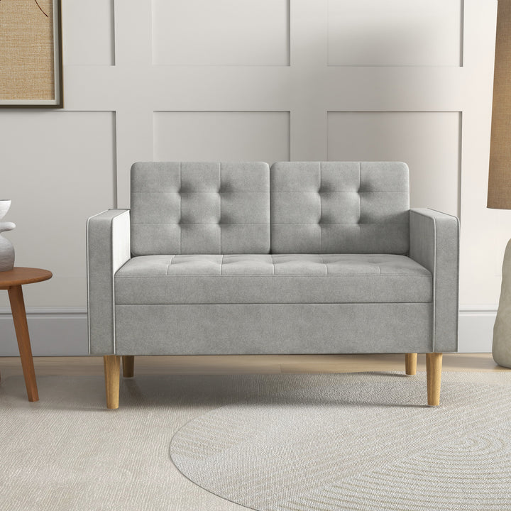 Modern 2 Seater Sofa with Hidden Storage, 117cm Tufted Cotton Couch, Compact Loveseat Sofa with Wood Legs, Light Grey