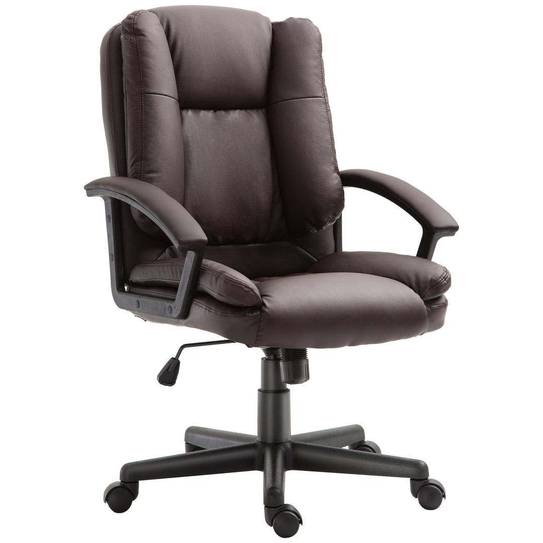 Swivel Executive Office Chair Mid Back Faux Leather Computer Desk Chair for Home with Double-Tier Padding, Arm, Wheels, Brown