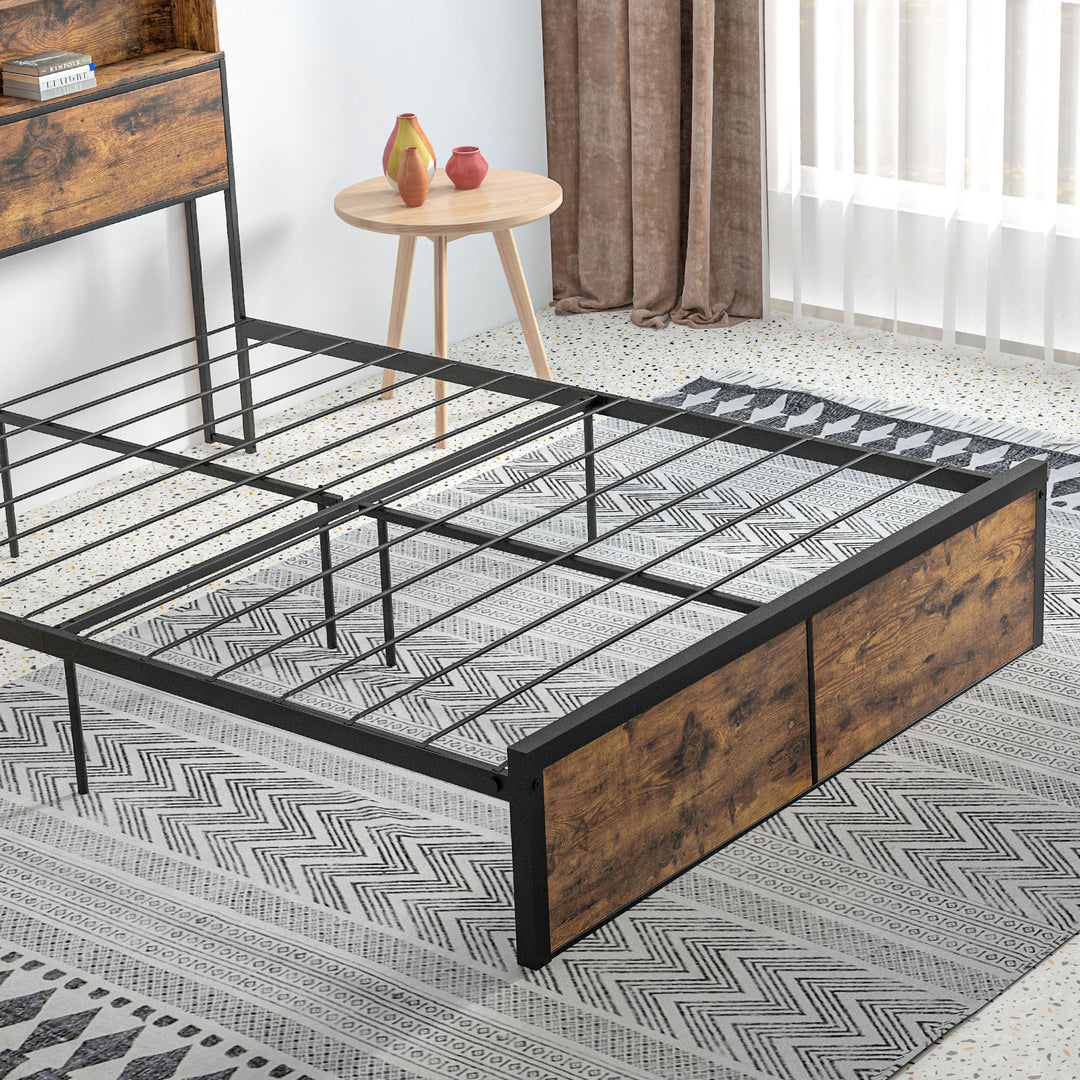 Industrial Double Bed Frame, 4.8FT Steel Bed Base with Storage Headboard, Footboard, Slatted Support and Under Bed Storage, 145 x 209cm, Rustic Brown