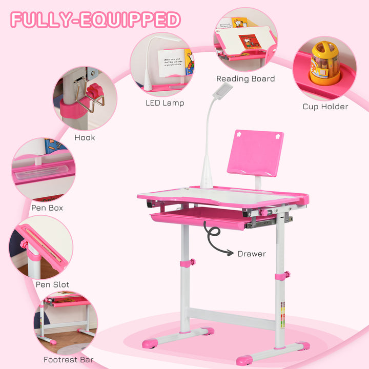 HOMCOM Kids Desk and Chair Set, Height Adjustable Study Desk with USB Lamp, Storage Drawer for Study, Pink and White