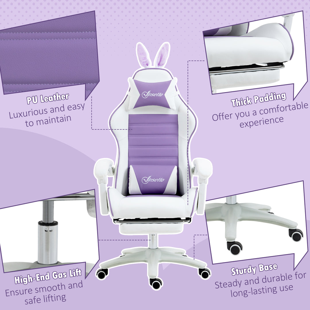 Vinsetto Racing Gaming Chair, Reclining PU Leather Computer Chair with Removable Rabbit Ears, Purple