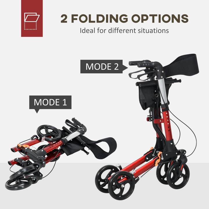 Folding Rollator Walker with Seat & Backrest, Lightweight Walking Frame w/ Adjustable Handle Height, 4 Wheeled Walker for Seniors, Handicapped, Red