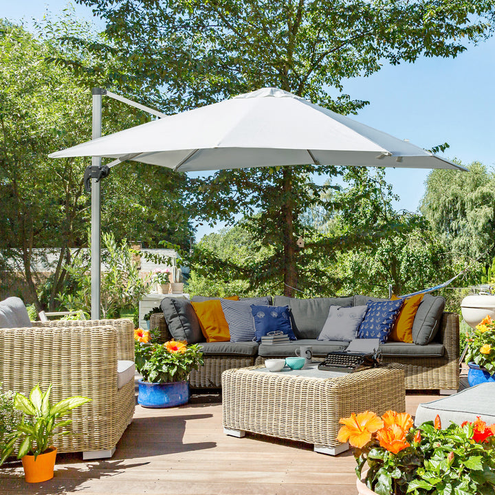3m Cantilever Roma Parasol Aluminium Frame 360 Rotation Hanging Parasol with/ Cross Base White