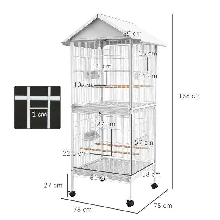 PawHut 170cm Metal Bird Cage Parrot Cage Mobile Feeder with Rolling Stand Perches Food Containers Doors Wheels White