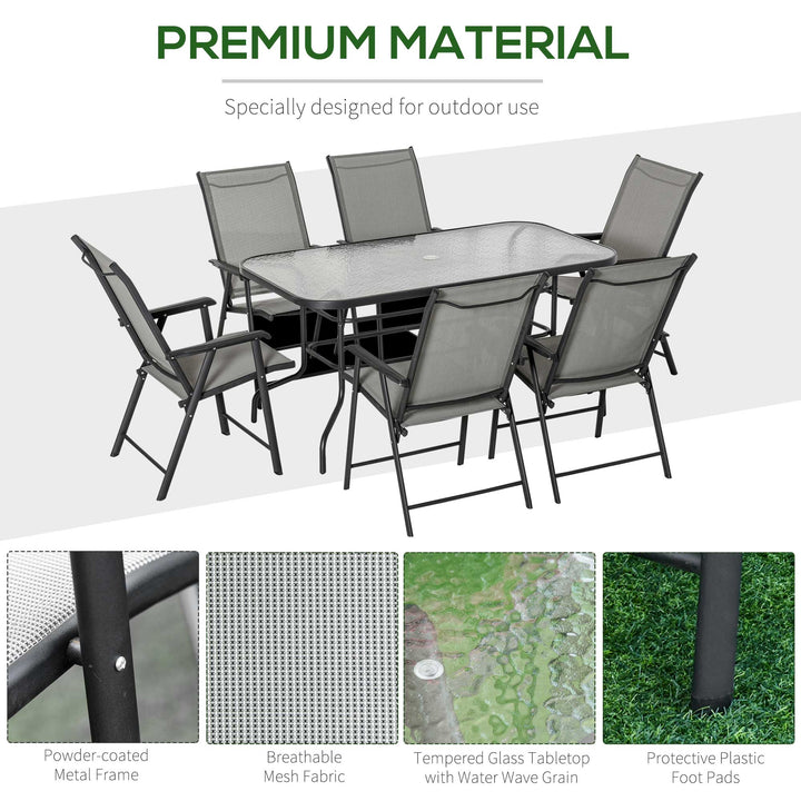 Garden Patio Outdoor 7pcs Classic Outdoor Steel Frames Dining Set w/ 6 Folding Chairs, Glass Top Table, Texteline Seats,Black &amp; Grey Cushion