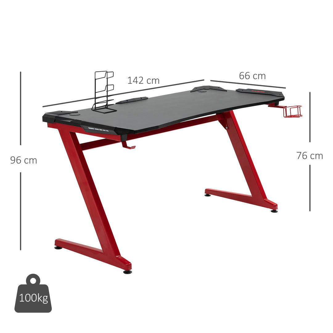 Gaming Desk, Ergonomic Home Office Desk, Gamer Workstation Racing Table, with Headphone Hook and Cup Holder, 142 x 66 x 96cm, Black and Red