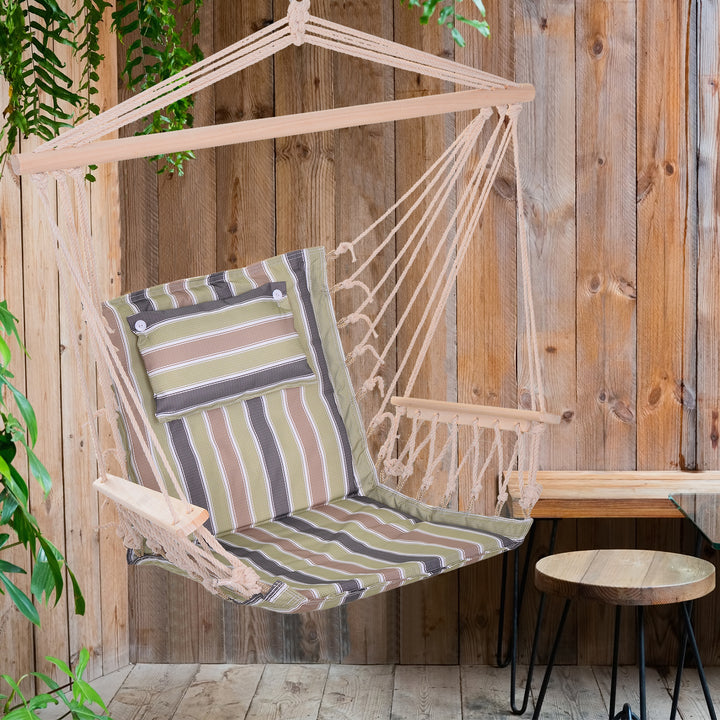 Garden Outdoor Hanging Hammock Chair Thick Rope Frame Wooden Arms Safe Wide Seat Garden Outdoor Spot Stylish Multicoloured stripes