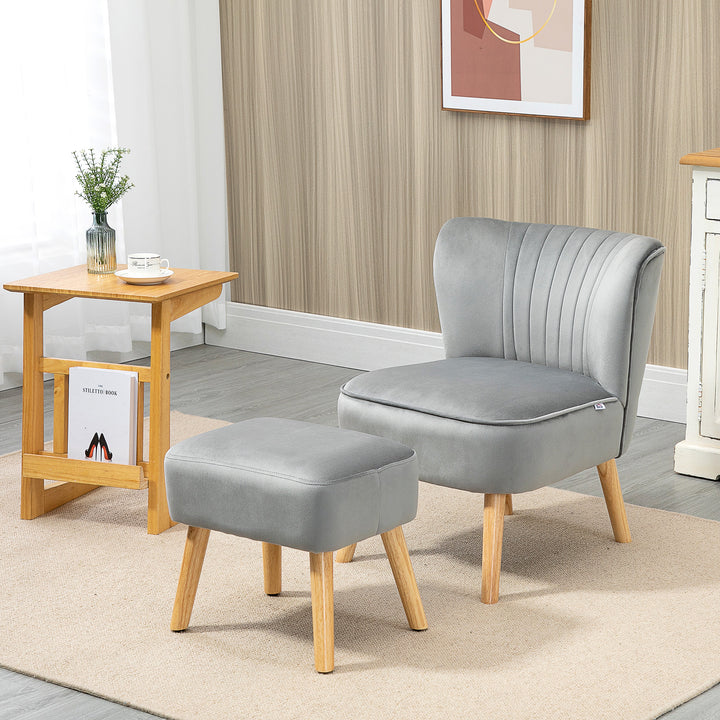 HOMCOM Velvet Accent Chair Occasional Tub Seat Padding Curved Back with Ottoman Wood Frame Legs Home Furniture Light Grey