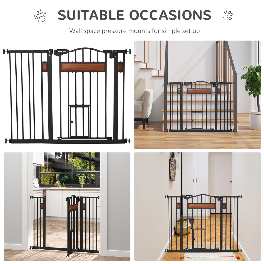 Dog Gate with Cat Flap Pet Safety Gate, Auto Close Double Locking Pine Wood Decoration, for Doorways Stairs Indoor, 74-105 cm Wide, Black