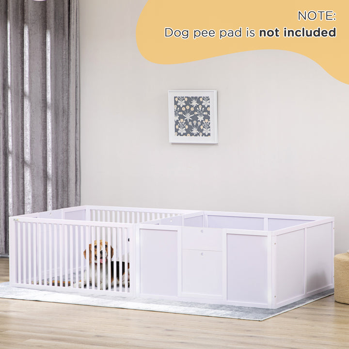 PawHut 7 Panels Playpen with 3 Doors for Baby Dogs, Two-Room Design Puppy Whelping Box - White