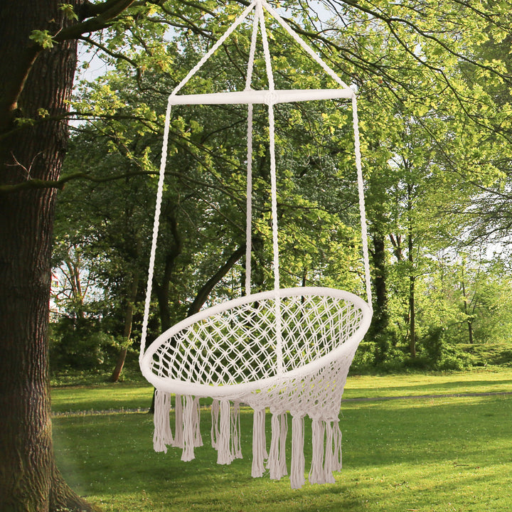 Hammock Macrame Swing Chair Hanging Seat Rope Tassels Indoor Outdoor Garden Solid Knitted Woven Net Seat Deck Porch Yard Beige
