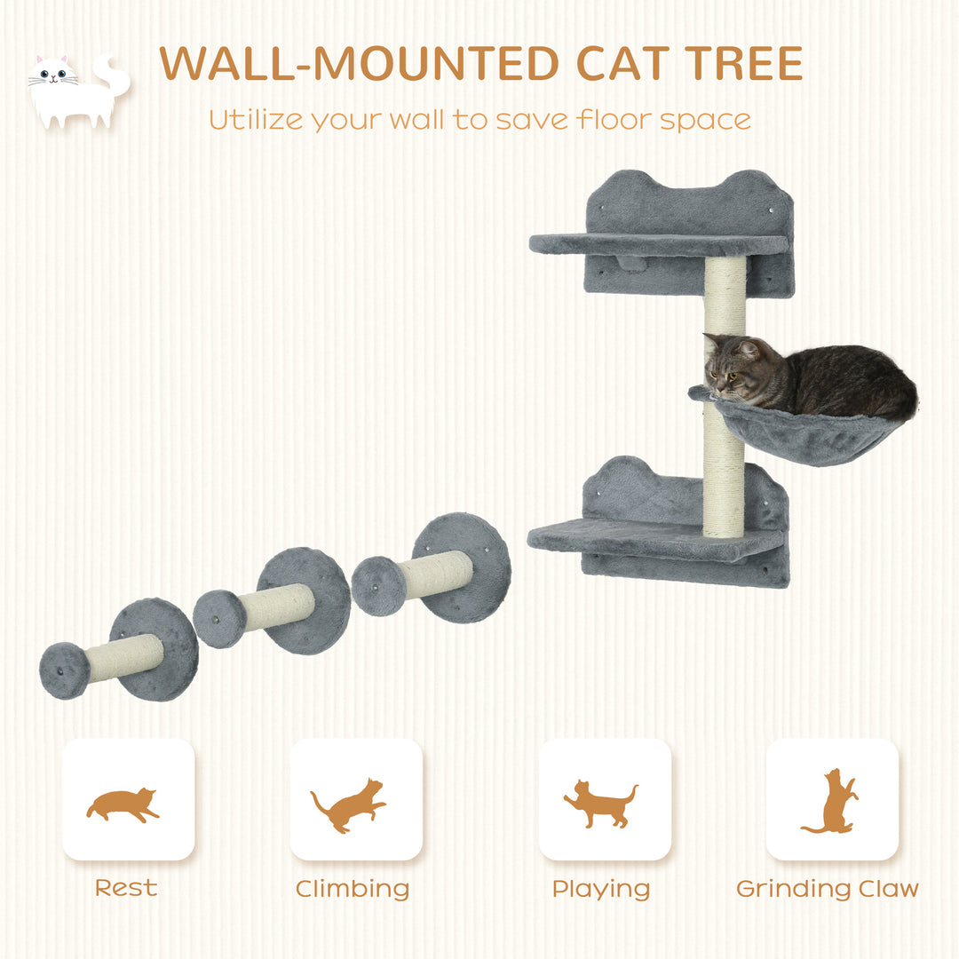 PawHut Four-Piece Cat Shelf with Scratching Post, Wall-Mounted Cat Tree for Indoor Cat - Grey