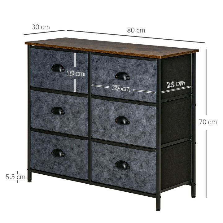 HOMCOM Chest of Drawer Fabric Dresser Storage Cabinet for Bedroom Night Stand with 6 Drawers Steel Frame Handles - Grey and Black