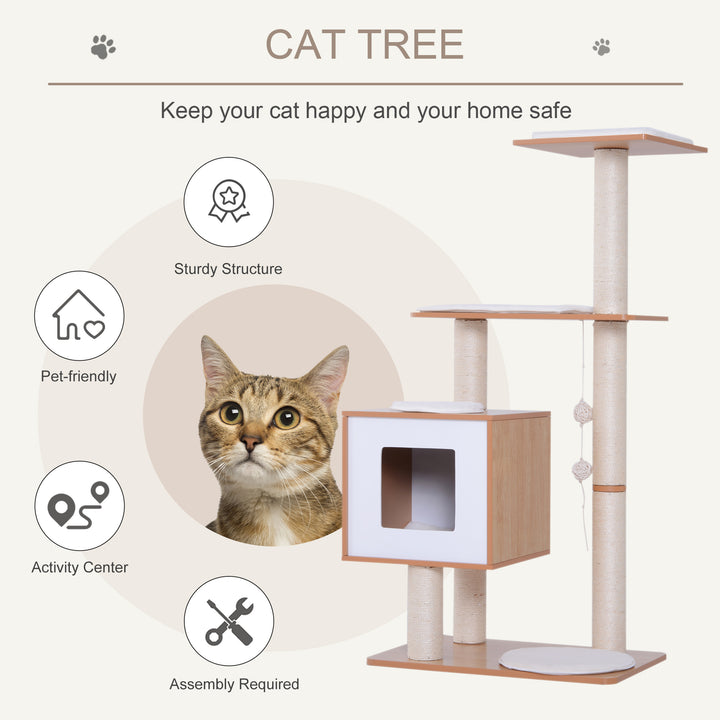 PawHut Wood Cat Tree Scratching Post for Indoor Cats Kitten House Condo Activity Center w/ Cushion Hanging Toy Multi-level