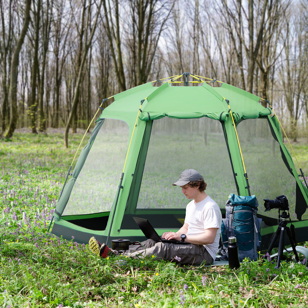 6 Person Pop Up Camping Tent, 2-Tier Design Backpacking Tent with 4 Windows 2 Doors Portable Carry Bag for Fishing Hiking, Green