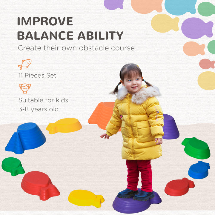 Kids Balance Stepping Stones 11-Piece Fish Shape Non-slip Obstacle Course Stackable Balance Blocks Exercise Toddler Balance - Multicoloured