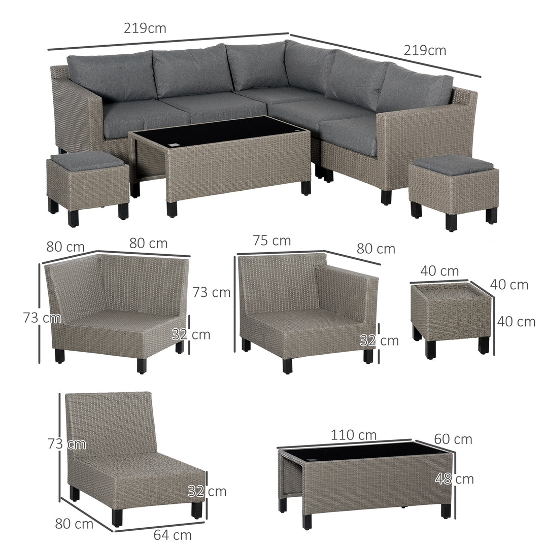 Outsunny 7-Seater PE Rattan Sofa Set Wicker Garden Furniture Patio Conservatory Corner Sofa, w/ Tempered Glass Coffee Table &amp; Cushions, Grey