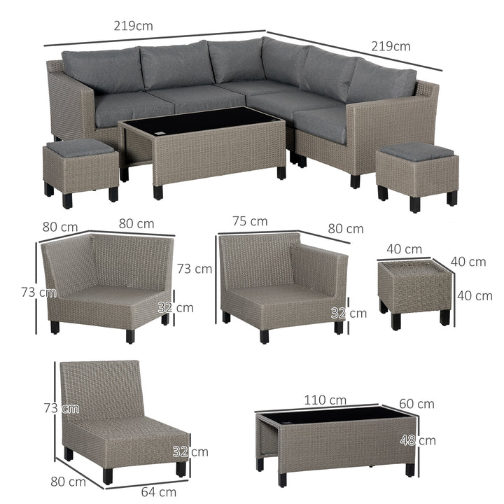 Outsunny 7-Seater PE Rattan Sofa Set Wicker Garden Furniture Patio Conservatory Corner Sofa, w/ Tempered Glass Coffee Table &amp; Cushions, Grey