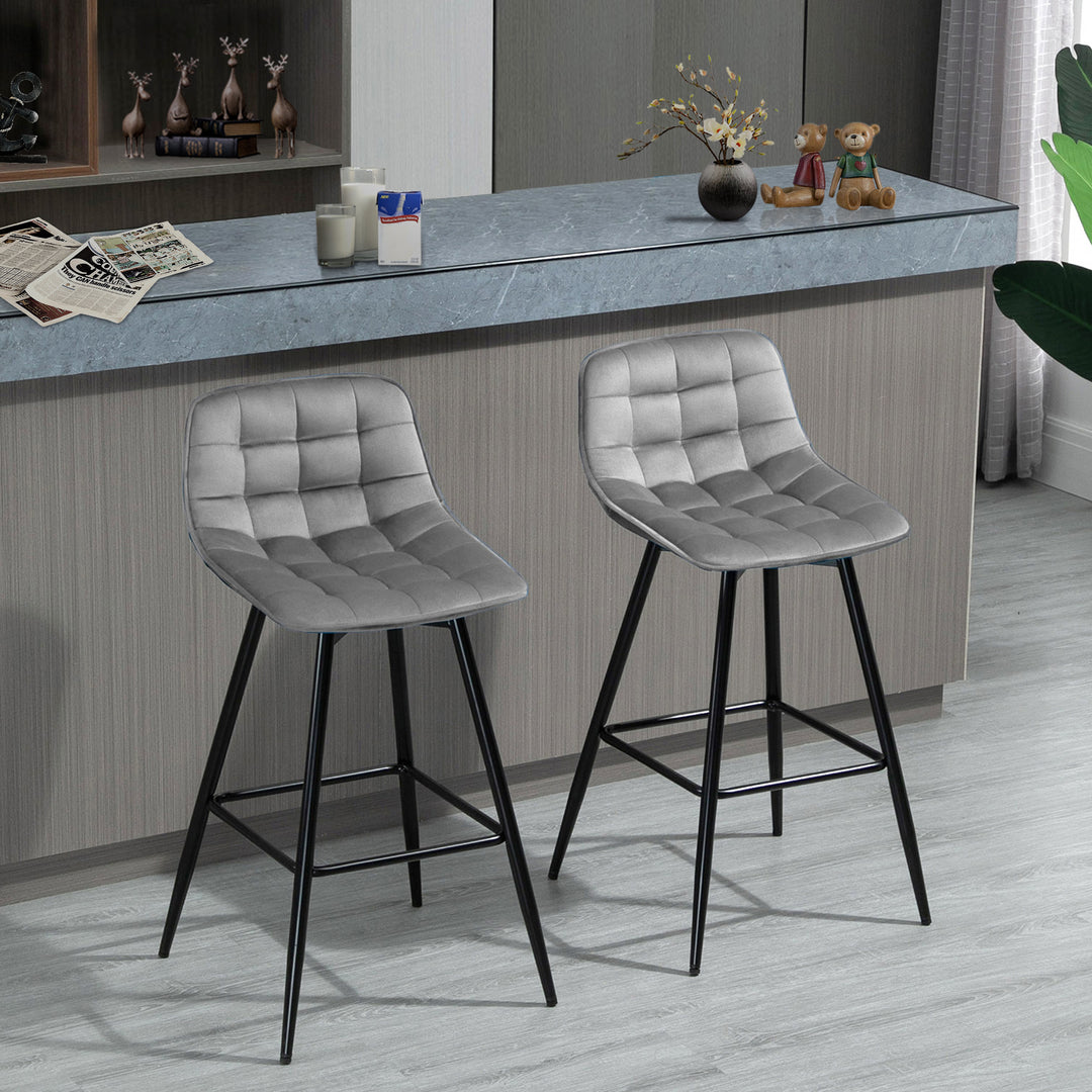 Set of 2 Bar stools With Backs Velvet-Touch Dining Chairs Kitchen Counter Chairs  Fabric Upholstered seat with Metal Legs, Backrest, Grey