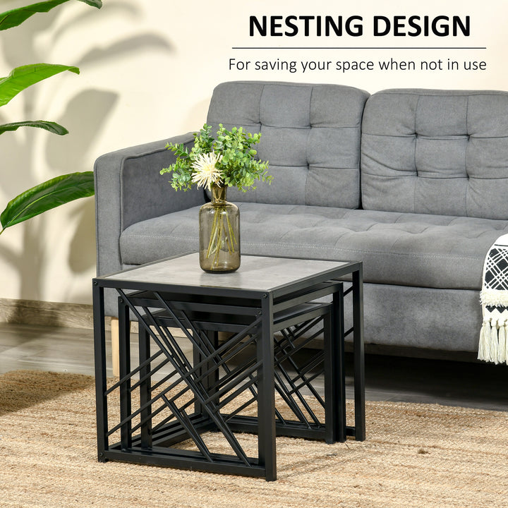 Set of 3 Nest of Tables, Square Side Tables with Black Metal Frame, for Living Room, Bedroom and Office, Grey