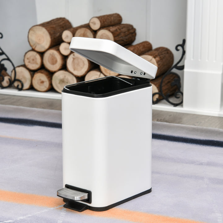 5L Rectangular Compact Bin Steel Body Removable Bucket Quiet-Close Lid w/ Pedal Lid Rubbish Trash Can Garbage Tidy Clean White
