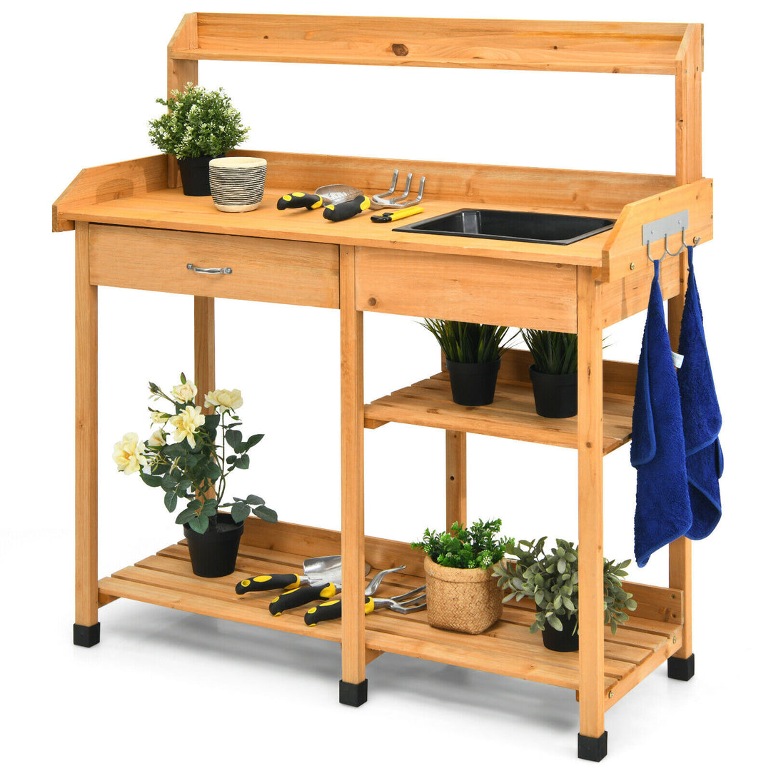 Wooden Garden Plant Workstation with Sink & Hook