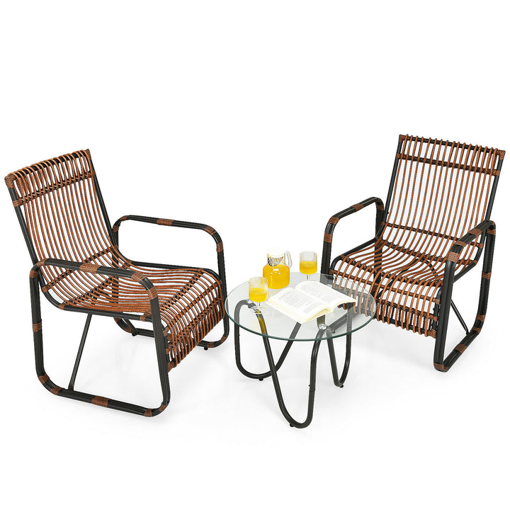 3 Piece Rattan Furniture Set with 2 Armchairs and Glass Coffee Table