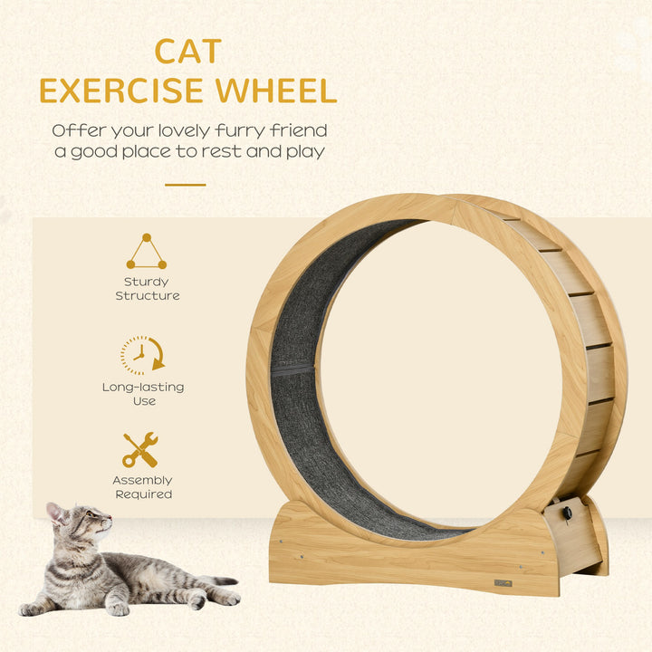 Cat Treadmill, Wooden Cat Exercise Wheel with Carpeted Runway, Cat Running Wheel w/Brake, Cat Tree for Physical Activity, Natural Wood Finish