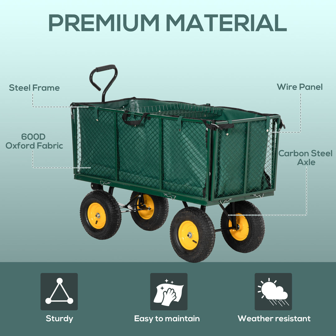 Outsunny Large 4 Wheel Heavy Duty Garden Trolley Cart Wheelbarrow with Handle and Metal Frame - Green