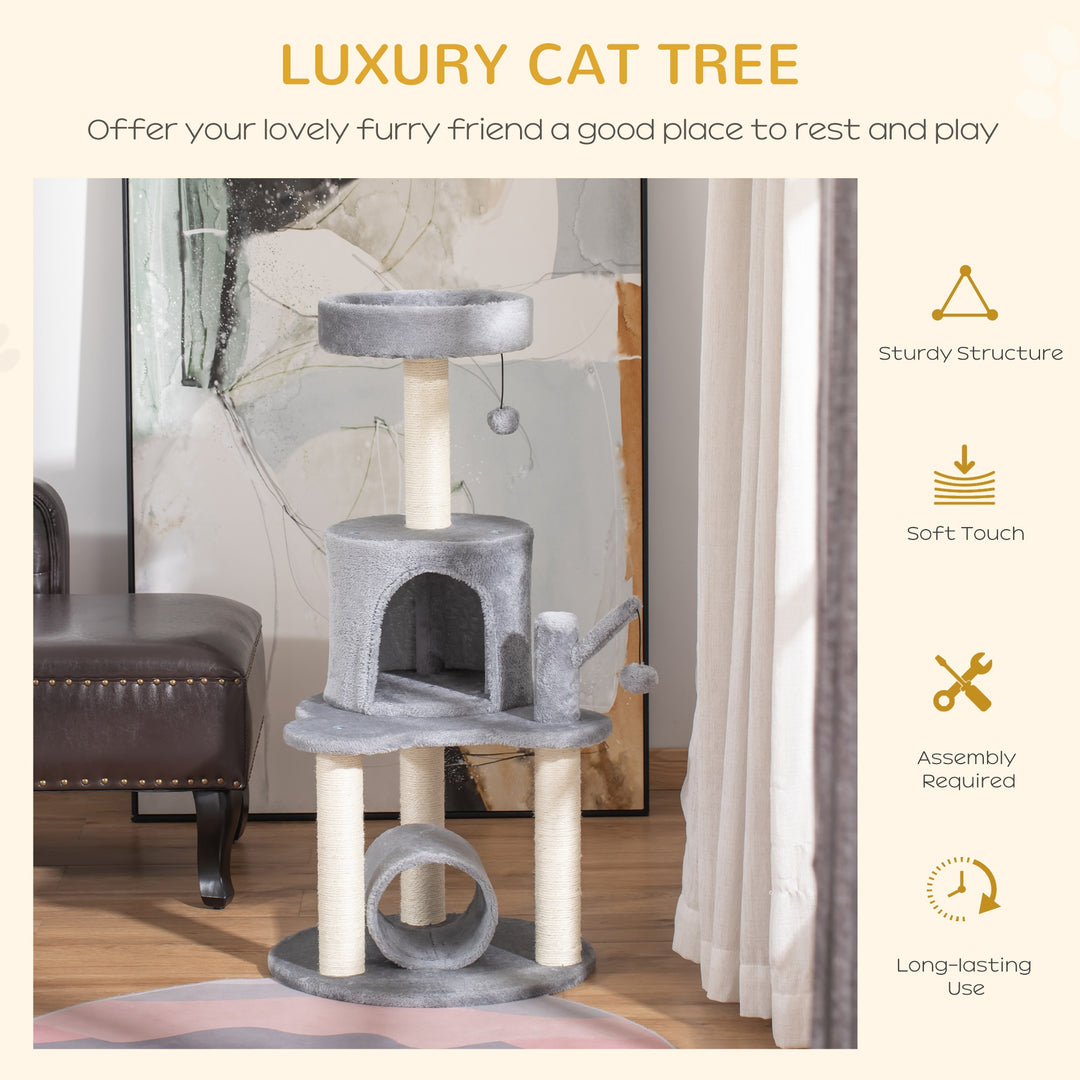 PawHut Cat Tree Tower Climbing Activity Center Kitten Furniture with Jute Scratching Post Bed Tunnel Perch Hanging Balls Grey