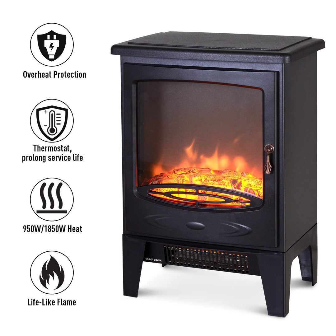 Electric Heater Freestanding Fireplace Artificial Flame Effect w/ Safety Thermostat 950w/1850W Tempered Glass Casing