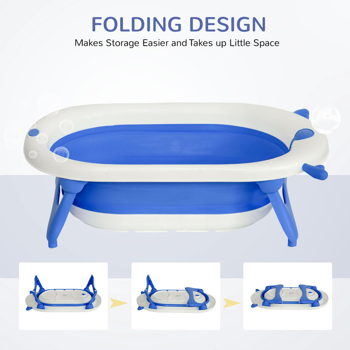 Collapsible Baby Bath Tub Foldable Ergonomic w/ Cushion Temperature Sensitive Water Plug Non-Slip Support Leg Portable for 0-3 Years, Blue