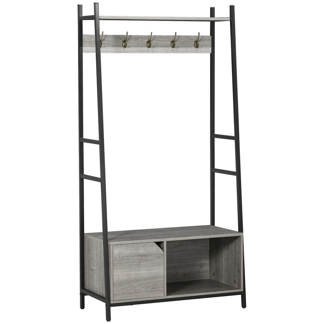 Coat Rack Stand, Shoe Bench with 5 Hooks and Storage Cabinet, Freestanding Metal Frame Hall Tree for Hallway, Grey