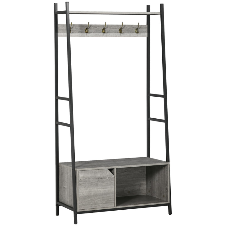 Coat Rack Stand, Shoe Bench with 5 Hooks and Storage Cabinet, Freestanding Metal Frame Hall Tree for Hallway, Grey