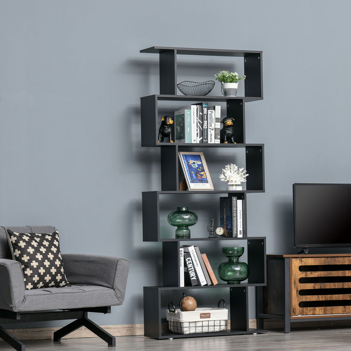 S Shape Wooden 6-tier Bookshelf Open Concept Bookcase Storage Display Unit for Home Office Living Room, Black