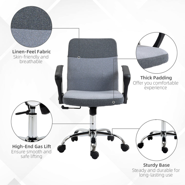 Vinsetto Ergonomic Office Chair Linen Fabric Swivel Computer Desk Chair Home Study Adjustable Chair with Wheels, Grey