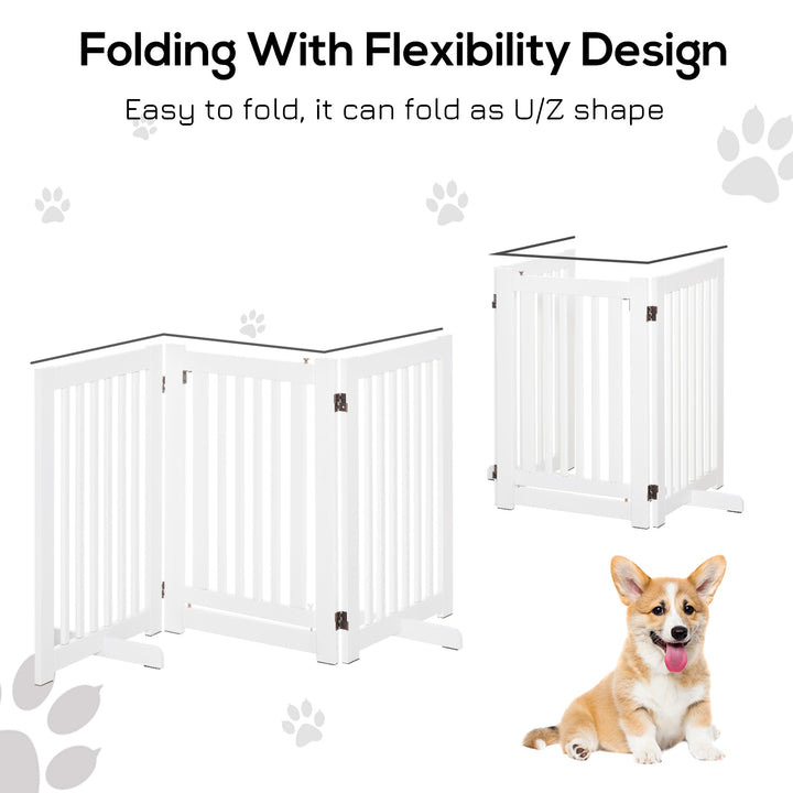 Pet Gates MDF Freestanding Expandable Dog Gate Wood Doorway Pet Barrier Fence w/ Latched Door White