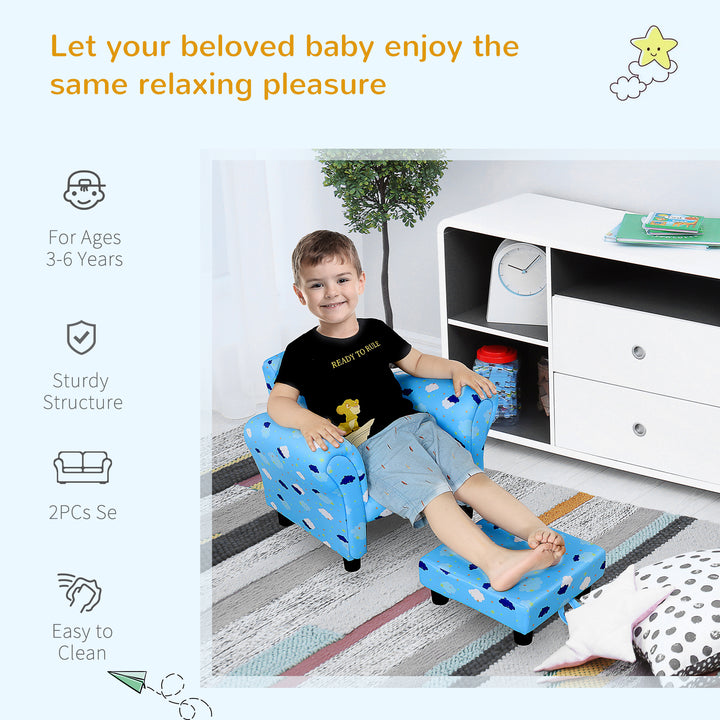 Kids Children Armchair Mini Sofa Wood Frame w/ Footrest Anti-Slip Legs High Back Arms Bedroom Playroom Furniture Cute Cloud Star Blue
