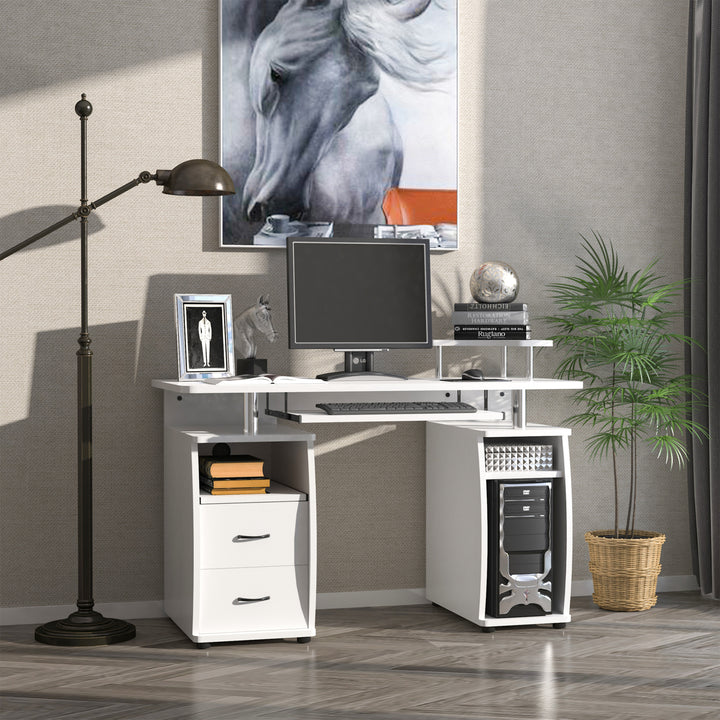 Computer Desk Office PC Table Workstation Gaming Study with Keyboard Tray, CPU Shelf, Wooden, Drawers, Sliding Scanner Shelf, White